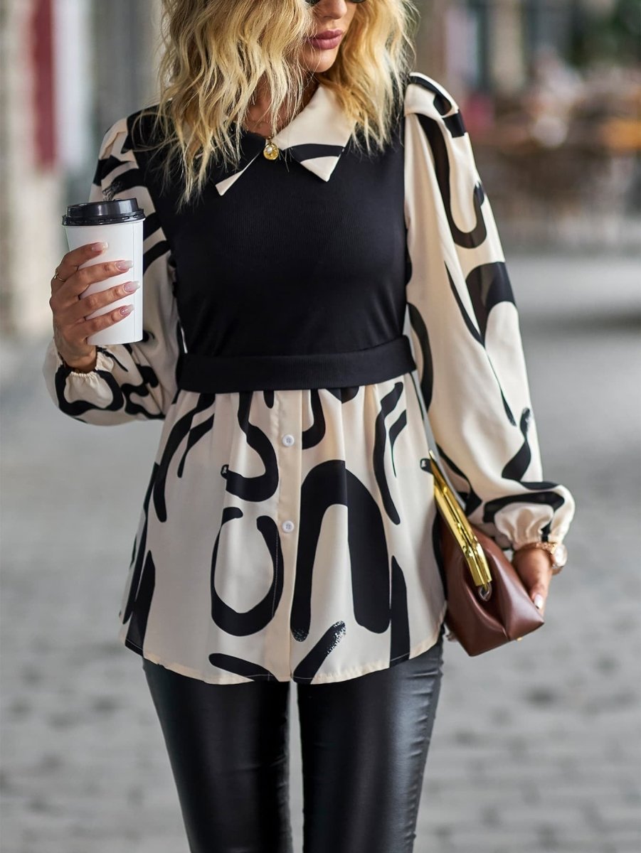 Two-Tone Long Puff Sleeve Blouse - TapLike