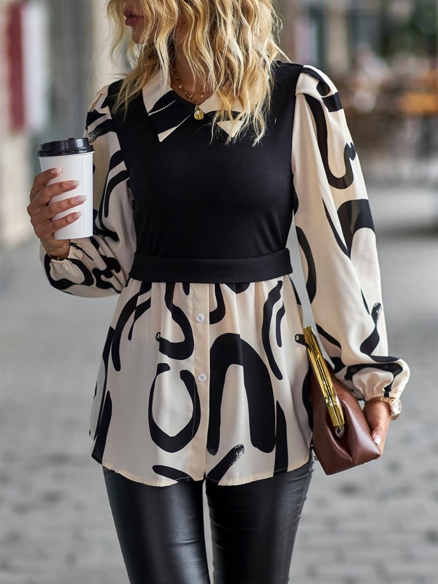 Two-Tone Long Puff Sleeve Blouse - TapLike