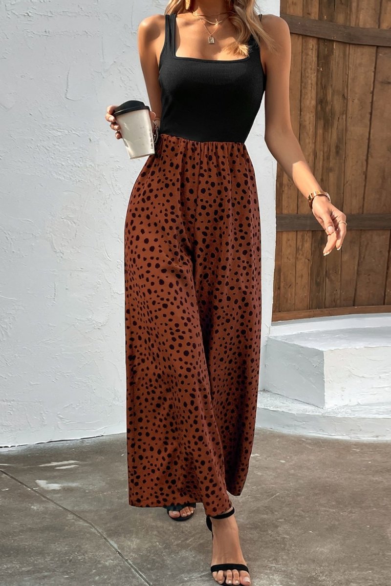 Two-Tone Square Neck Wide Leg Jumpsuit - Taplike