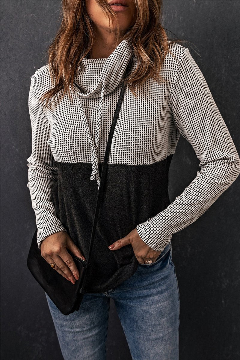 Two-Tone Waffle-Knit Drawstring Cowl Neck Sweatshirt 10010089418 - TapLike