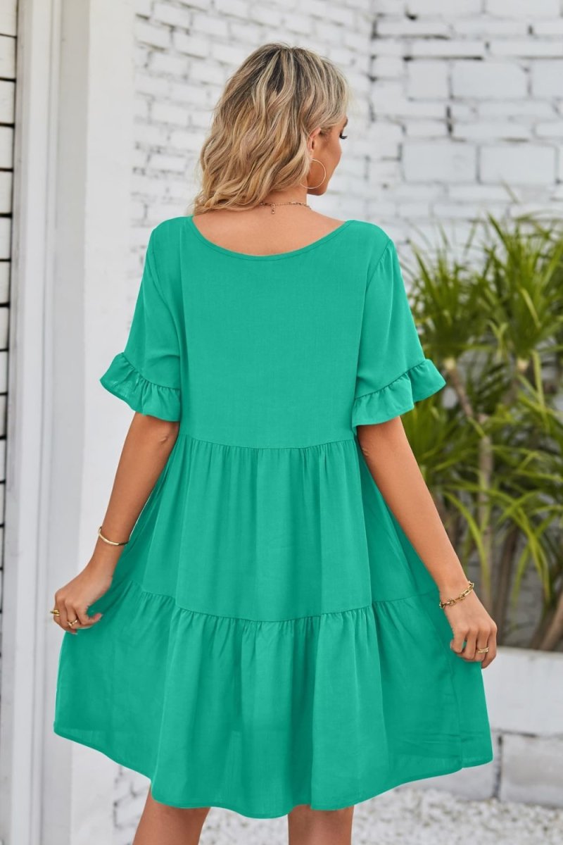 V-Neck Flounce Sleeve Tiered Dress - Taplike