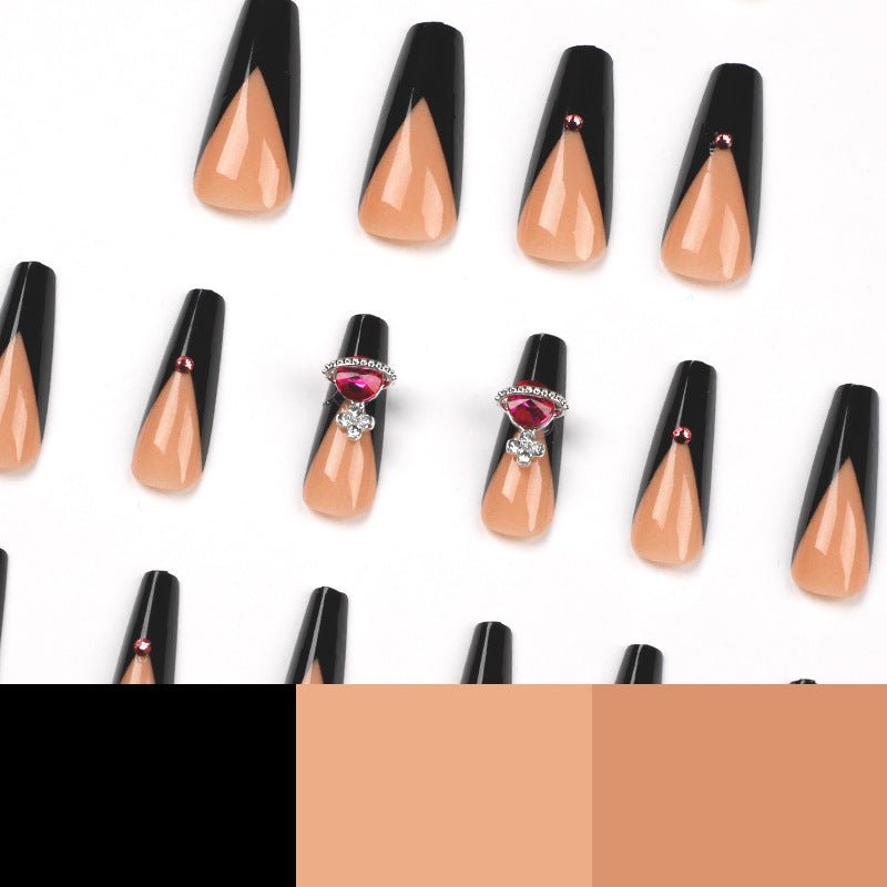 Wear Armor French Black Edge Nail Shaped Piece Queen Mother Rose Rhinestone Fake Nails - TapLike