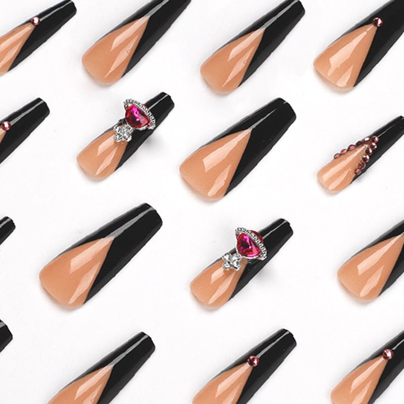 Wear Armor French Black Edge Nail Shaped Piece Queen Mother Rose Rhinestone Fake Nails - TapLike