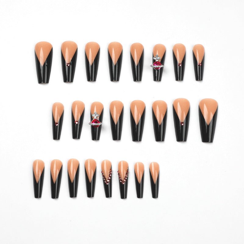 Wear Armor French Black Edge Nail Shaped Piece Queen Mother Rose Rhinestone Fake Nails - TapLike