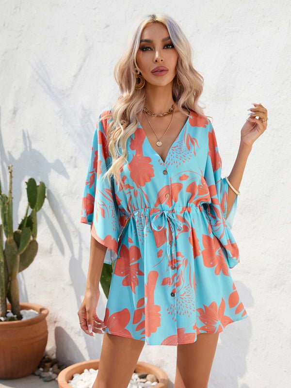 Women's Beach Dolman Half Sleeve V-neck Floral Print Adjustable Dress - Taplike