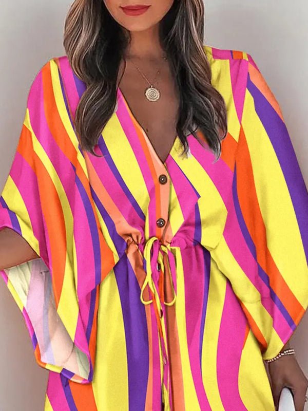 Women's Beach Dolman Half Sleeve V-neck Floral Print Adjustable Dress - Taplike