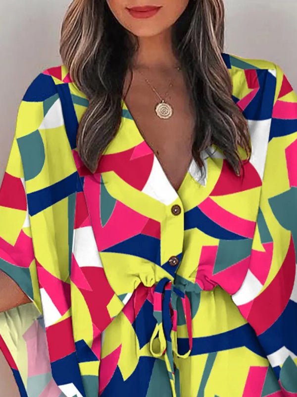 Women's Beach Dolman Half Sleeve V-neck Floral Print Adjustable Dress - Taplike