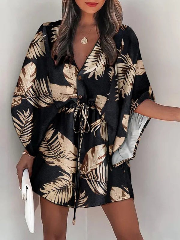 Women's Beach Dolman Half Sleeve V-neck Floral Print Adjustable Dress - Taplike