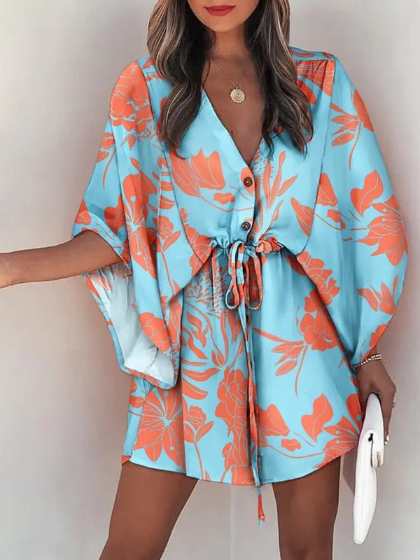 Women's Beach Dolman Half Sleeve V-neck Floral Print Adjustable Dress - Taplike