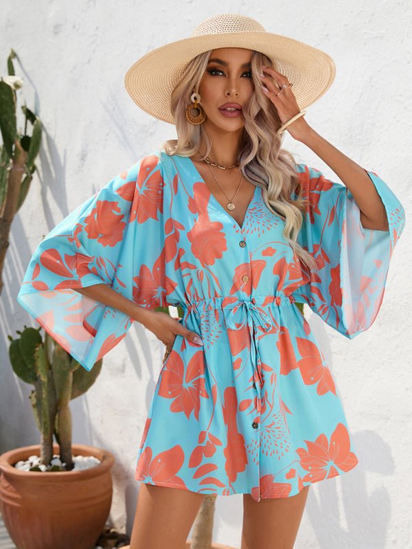 Women's Beach Dolman Half Sleeve V-neck Floral Print Adjustable Dress - Taplike