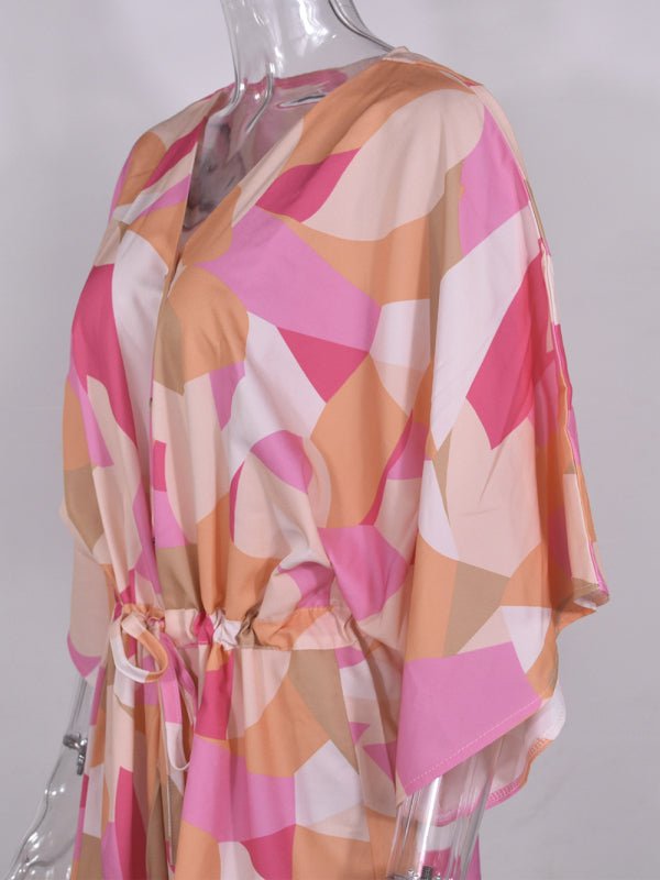 Women's Beach Dolman Half Sleeve V-neck Floral Print Adjustable Dress - Taplike