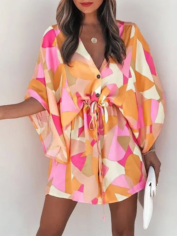 Women's Beach Dolman Half Sleeve V-neck Floral Print Adjustable Dress - Taplike