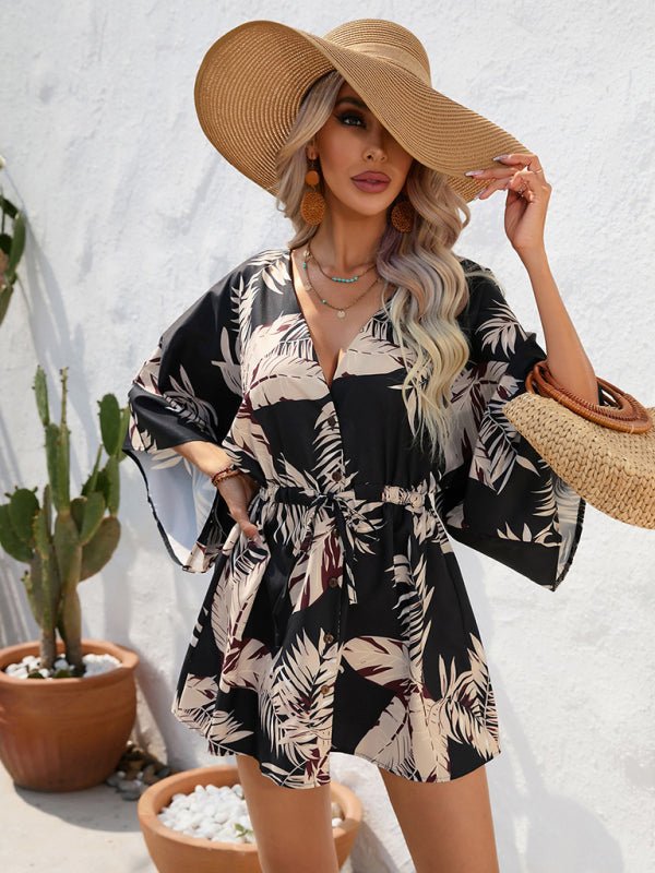 Women's Beach Dolman Half Sleeve V-neck Floral Print Adjustable Dress - Taplike