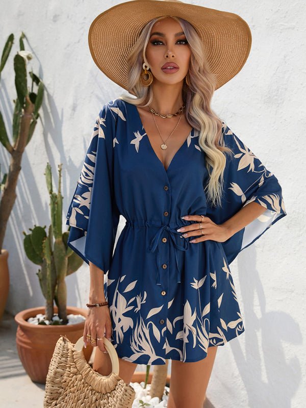 Women's Beach Dolman Half Sleeve V-neck Floral Print Adjustable Dress - Taplike
