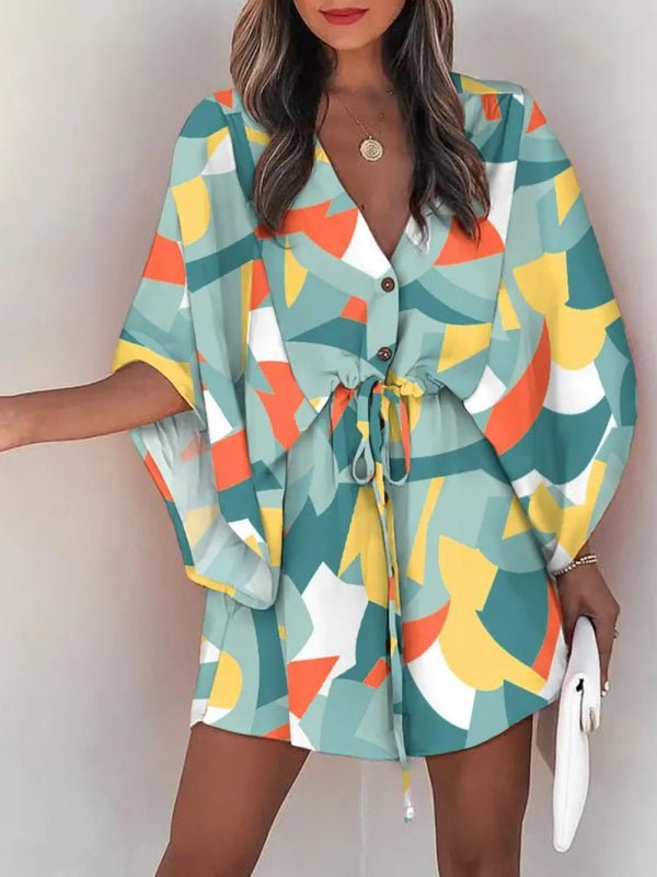Women's Beach Dolman Half Sleeve V-neck Floral Print Adjustable Dress - Taplike