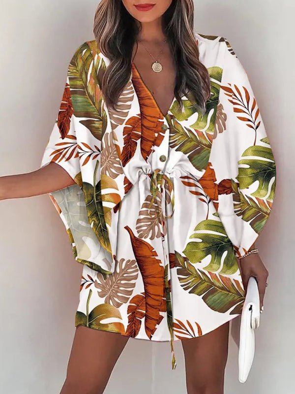 Women's Beach Dolman Half Sleeve V-neck Floral Print Adjustable Dress - Taplike