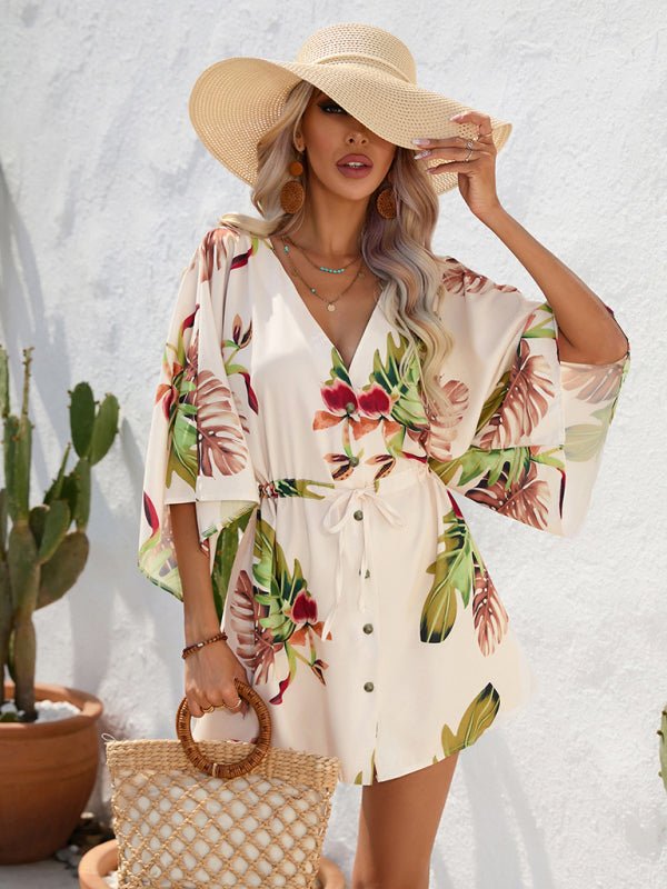 Women's Beach Dolman Half Sleeve V-neck Floral Print Adjustable Dress - Taplike
