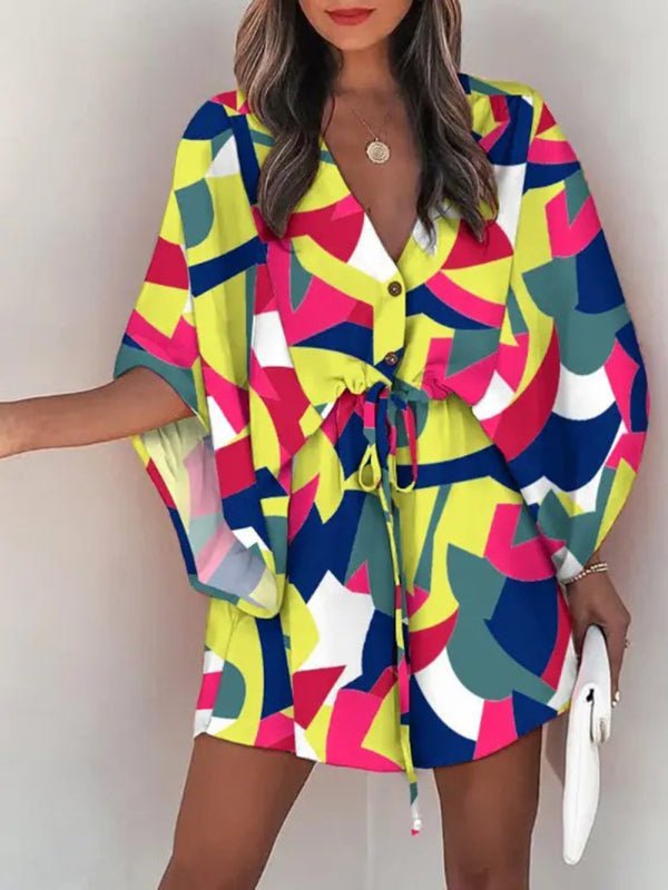 Women's Beach Dolman Half Sleeve V-neck Floral Print Adjustable Dress - Taplike