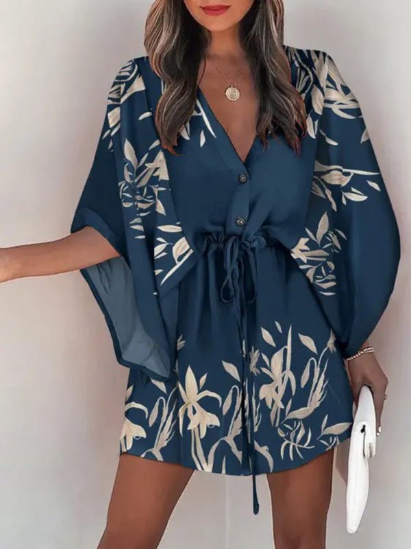 Women's Beach Dolman Half Sleeve V-neck Floral Print Adjustable Dress - Taplike