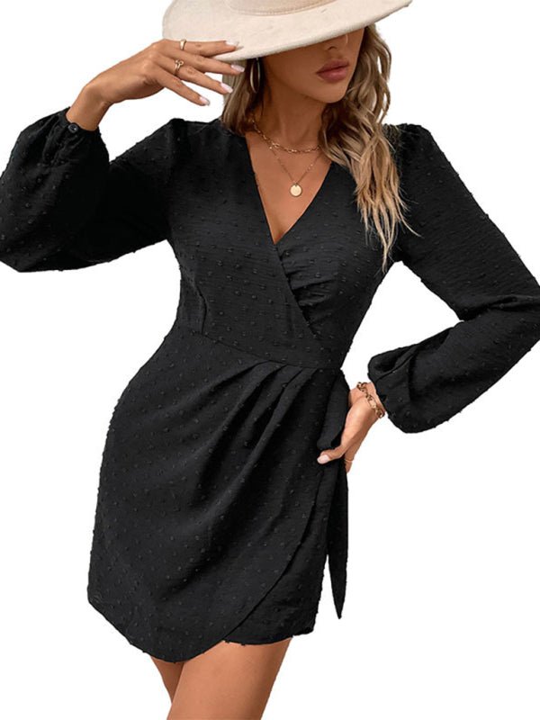 Women's Black Elegant Jacquard Long Sleeve Dress - Taplike