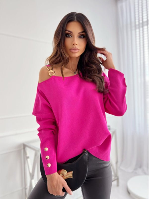 Women’s Chic Solid Color Asymmetric Neckline Embellished Long Sleeves Knit Top - TapLike
