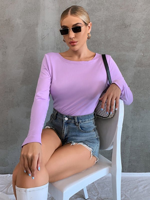 Women's hollowed back tie tie long -sleeved T -shirt FSZW06577 - TapLike