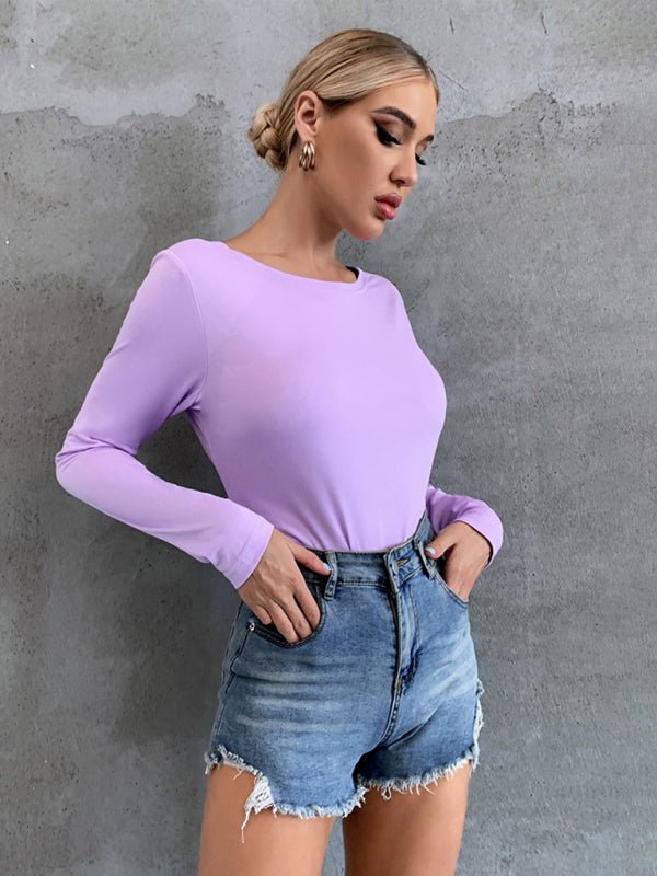 Women's hollowed back tie tie long -sleeved T -shirt FSZW06577 - TapLike
