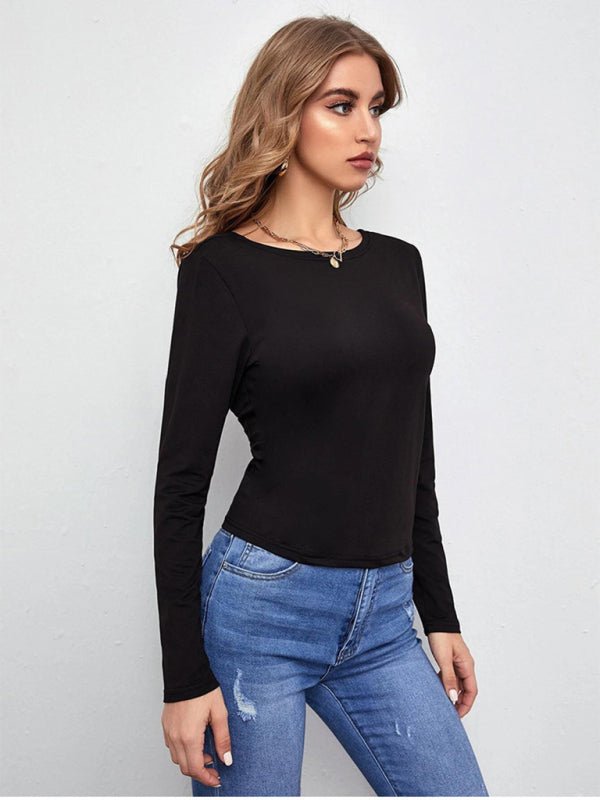 Women's hollowed back tie tie long -sleeved T -shirt FSZW06577 - TapLike