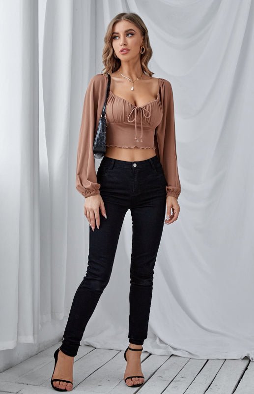 Women'S Low Cut Navel Lantern Sleeve Drawstring Fungus Tops FSZW03016 - TapLike