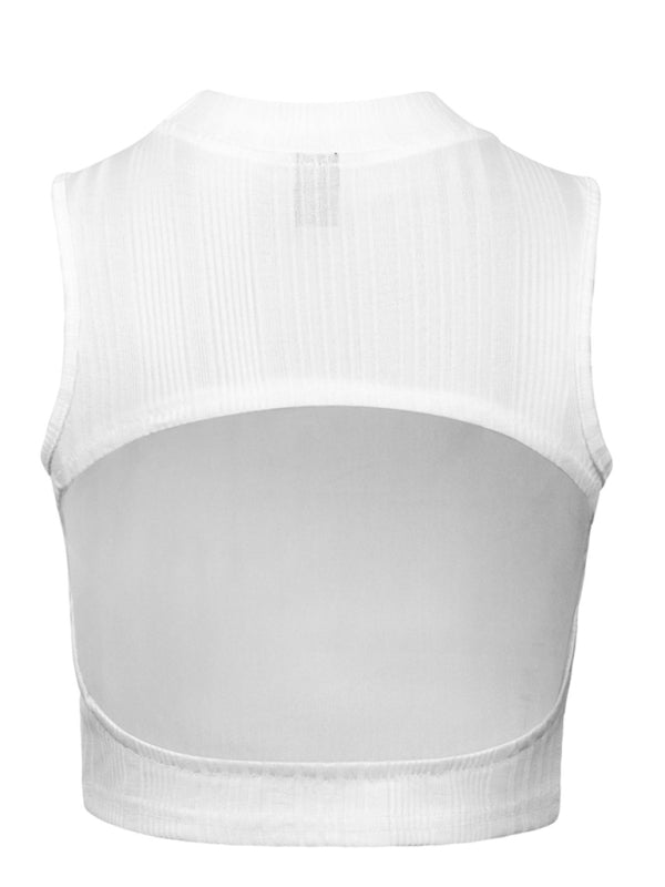 Women's round neckless sleeve navel short back top jacket FSZW06583 - TapLike