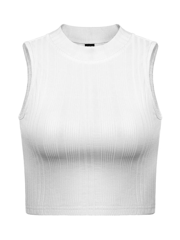 Women's round neckless sleeve navel short back top jacket FSZW06583 - TapLike