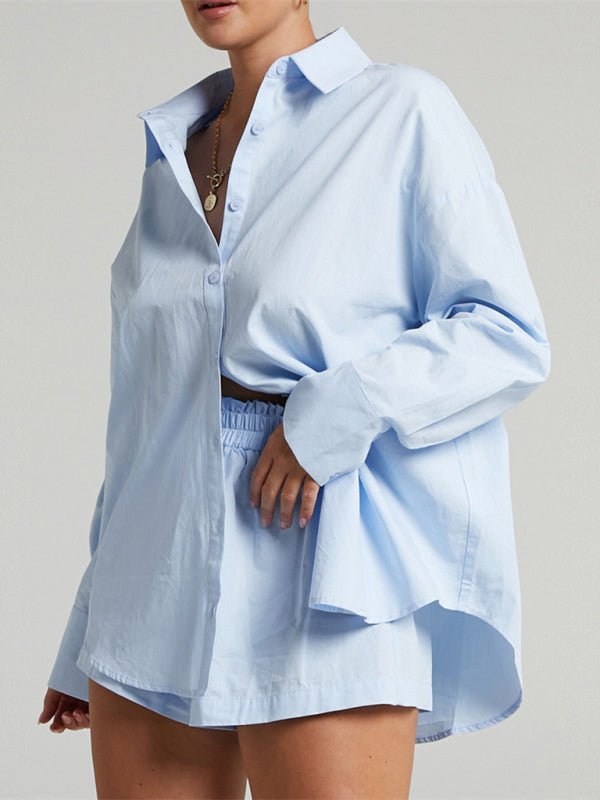 Women's Solid Color Long Sleeve Button Shirt And Matching Elastic Pull-up Short Set - Taplike