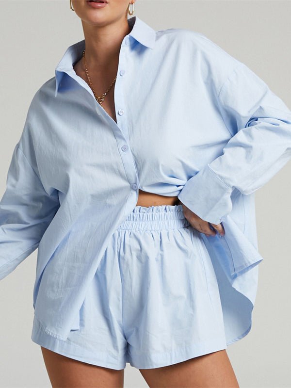 Women's Solid Color Long Sleeve Button Shirt And Matching Elastic Pull-up Short Set - Taplike