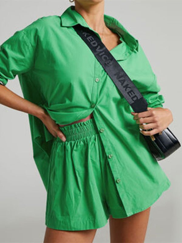 Women's Solid Color Long Sleeve Button Shirt And Matching Elastic Pull-up Short Set - Taplike