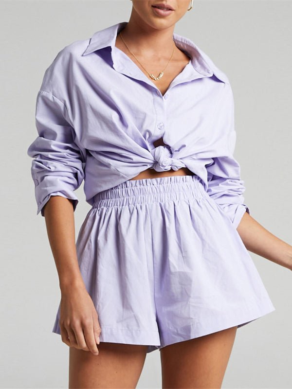 Women's Solid Color Long Sleeve Button Shirt And Matching Elastic Pull-up Short Set - Taplike