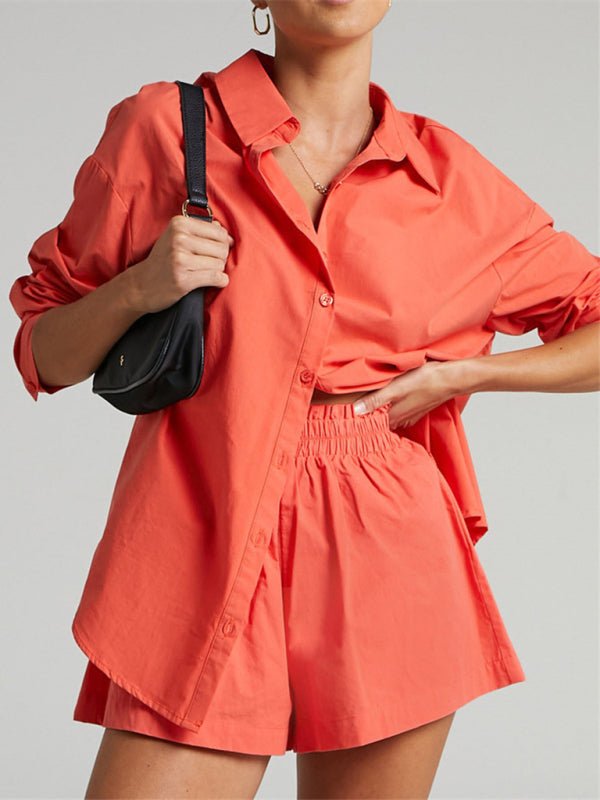 Women's Solid Color Long Sleeve Button Shirt And Matching Elastic Pull-up Short Set - Taplike