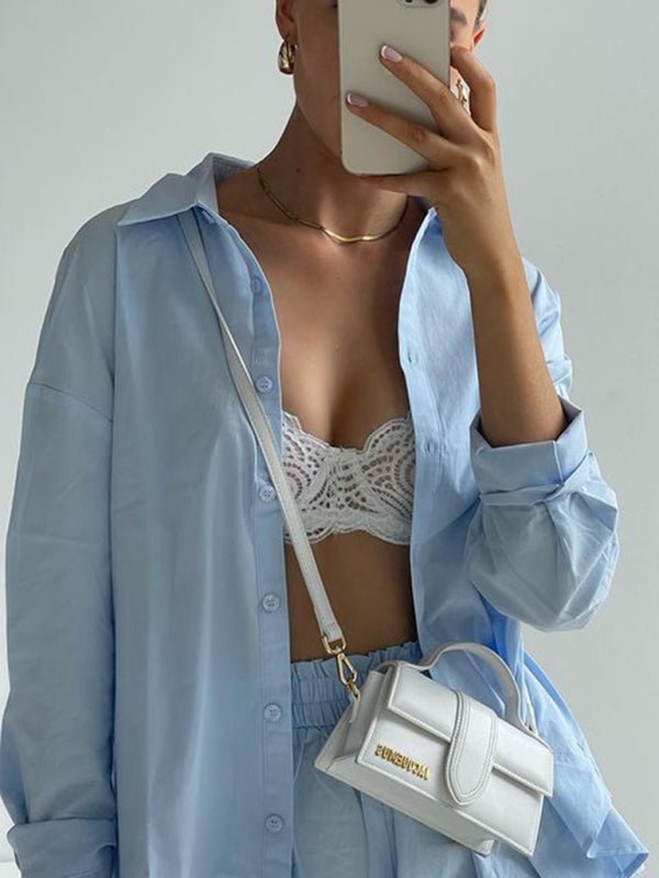 Women's Solid Color Long Sleeve Button Shirt And Matching Elastic Pull-up Short Set - Taplike