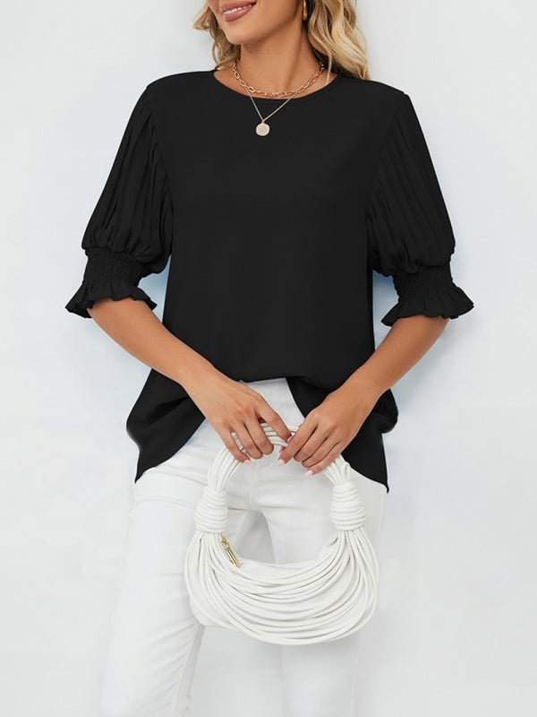 Women's Solid Color Puff-sleeve Crewneck Top - Taplike