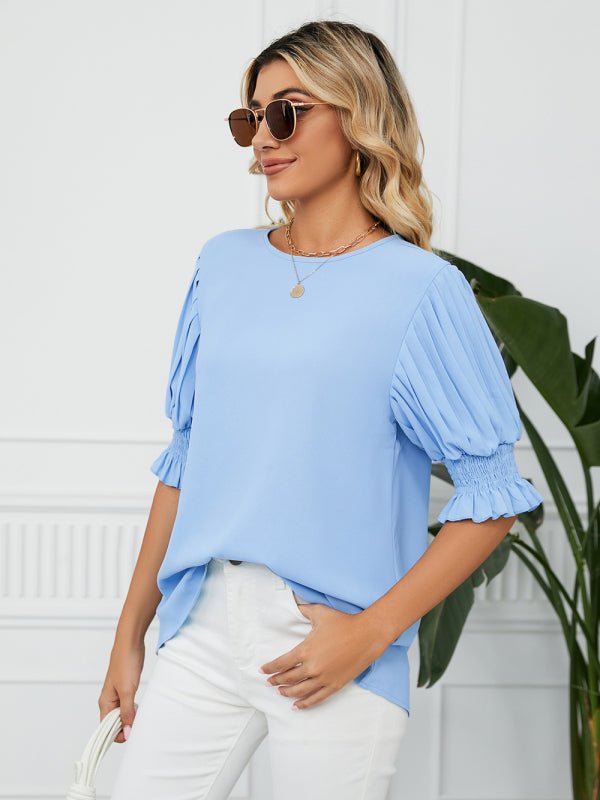 Women's Solid Color Puff-sleeve Crewneck Top - Taplike
