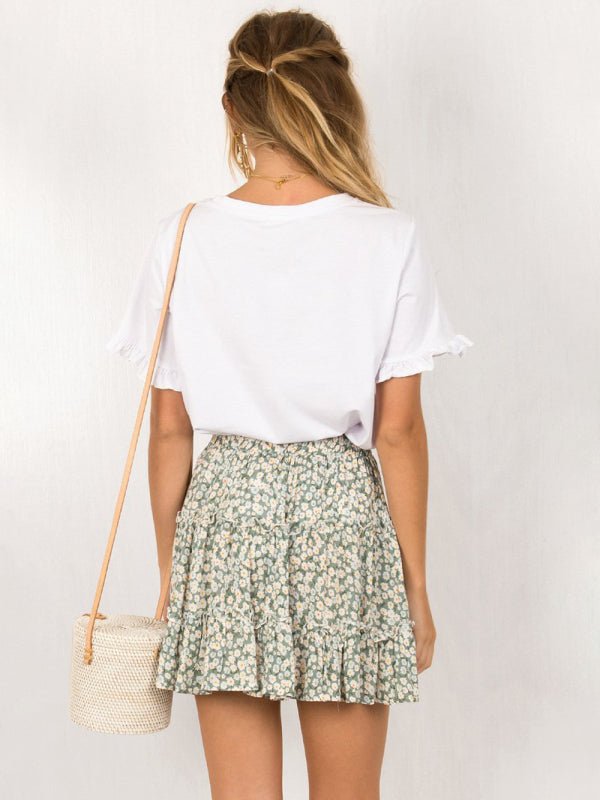 Women's Solid Color Tiered Ruffle Waist Tie Mini Skirt FSZW12056 - TapLike