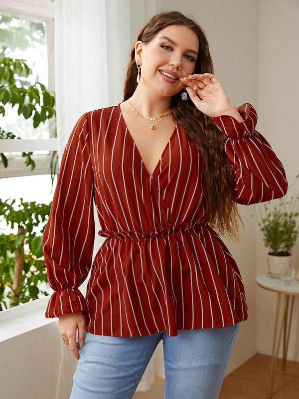 Women’s Stripe Faux Wrap Ruffle Long Sleeve Top - Taplike