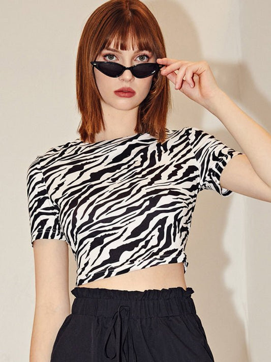 Women's zebra pattern printed short -sleeved short navel top FSZW06591 - TapLike