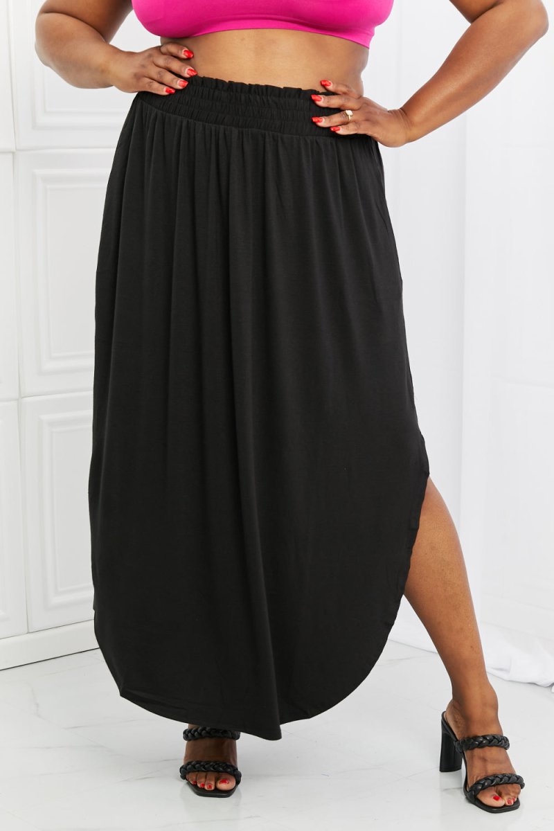 Zenana It's My Time Full Size Side Scoop Scrunch Skirt in Black - Taplike