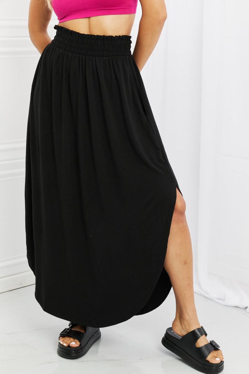 Zenana It's My Time Full Size Side Scoop Scrunch Skirt in Black - Taplike