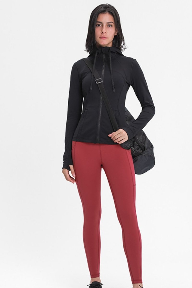 Zip Up Drawstring Detail Hooded Sports Jacket - TapLike