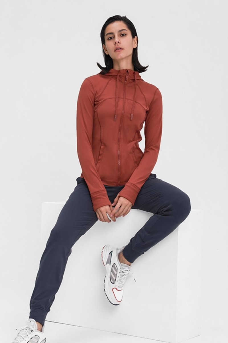 Zip Up Drawstring Detail Hooded Sports Jacket - TapLike