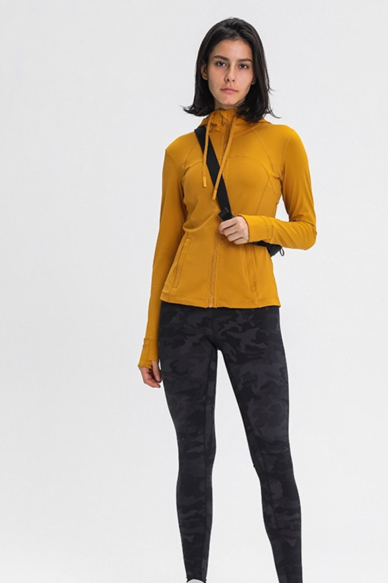 Zip Up Drawstring Detail Hooded Sports Jacket - TapLike