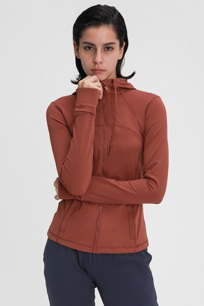Zip Up Drawstring Detail Hooded Sports Jacket - TapLike
