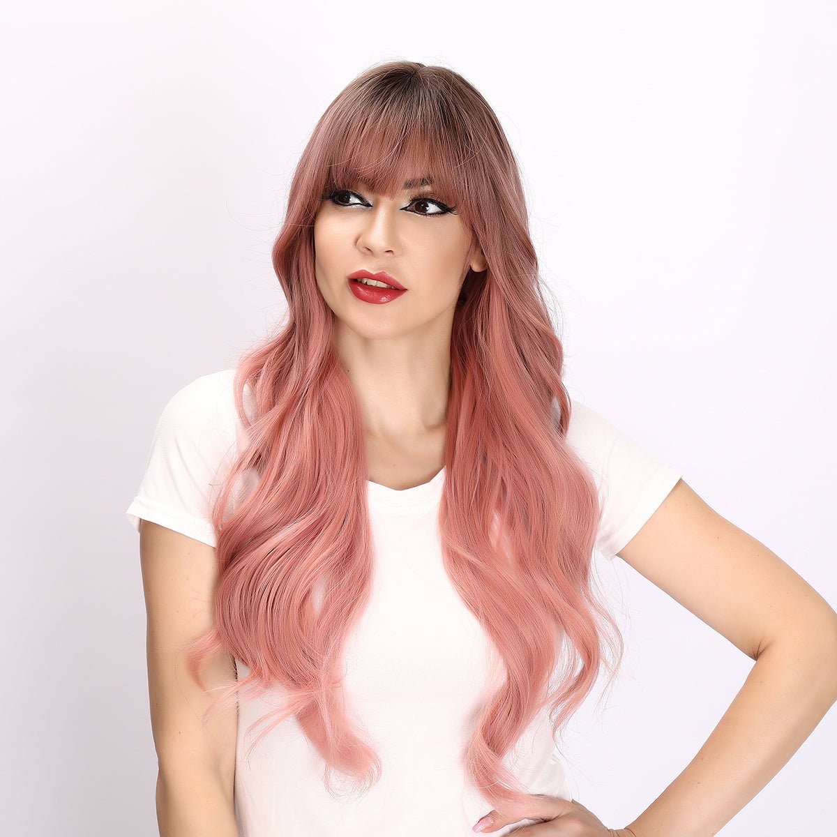 26-inch | Pink and Brown Loose Wave with Hair Bangs | SM6018 - TapLike