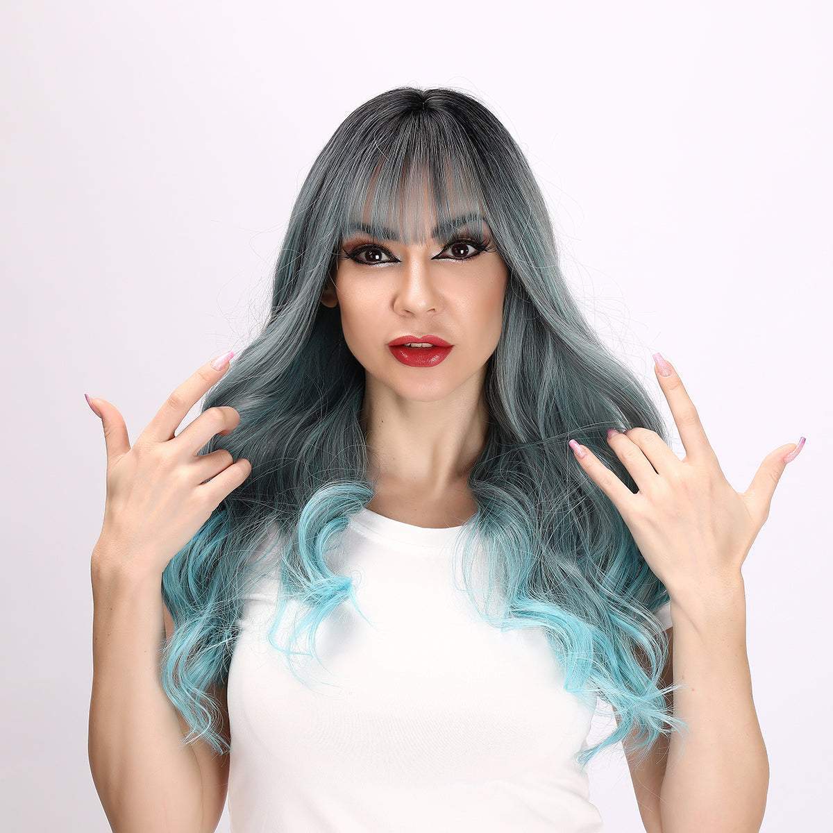 28-inch | Blue-gray gradient Loose Wave with Hair Bangs | SM6162 - TapLike